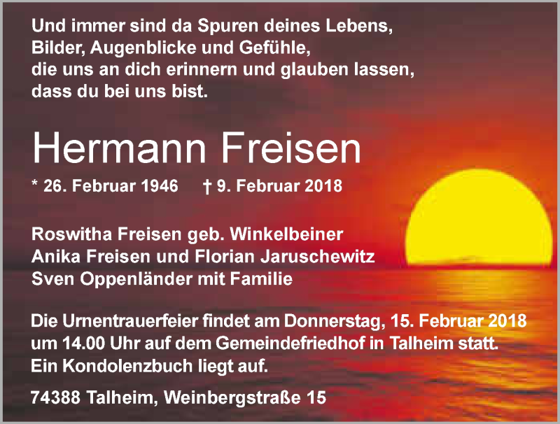  Traueranzeige für Hermann Freisen vom 10.02.2018 aus 