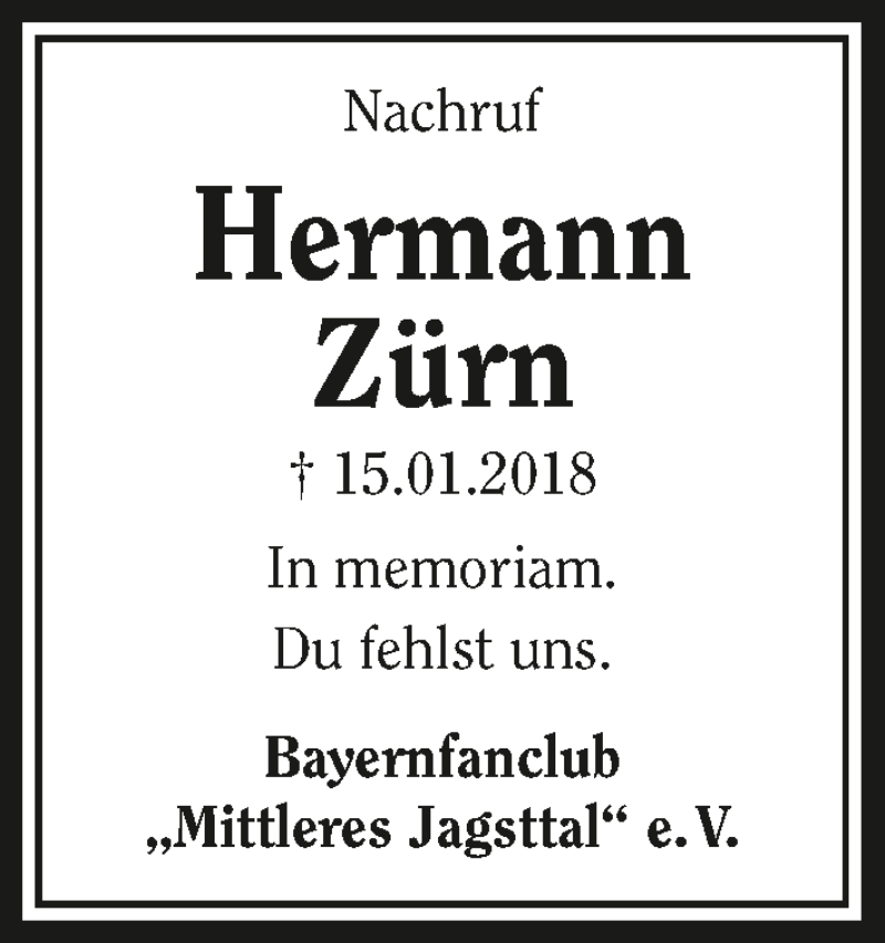  Traueranzeige für Hermann Zürn vom 02.02.2018 aus 