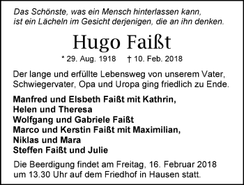 Traueranzeige von Hugo Faißt 