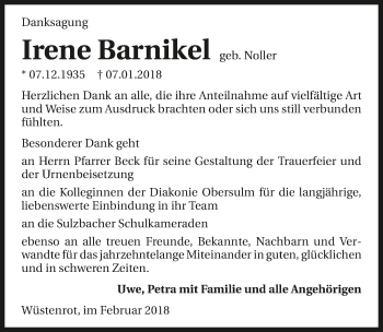 Traueranzeige von Irene Barnikel 