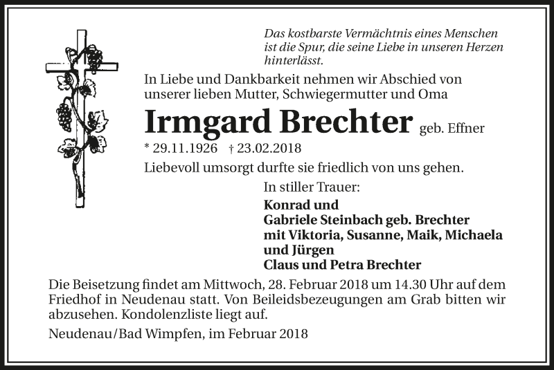  Traueranzeige für Irmgard Brechter vom 27.02.2018 aus 