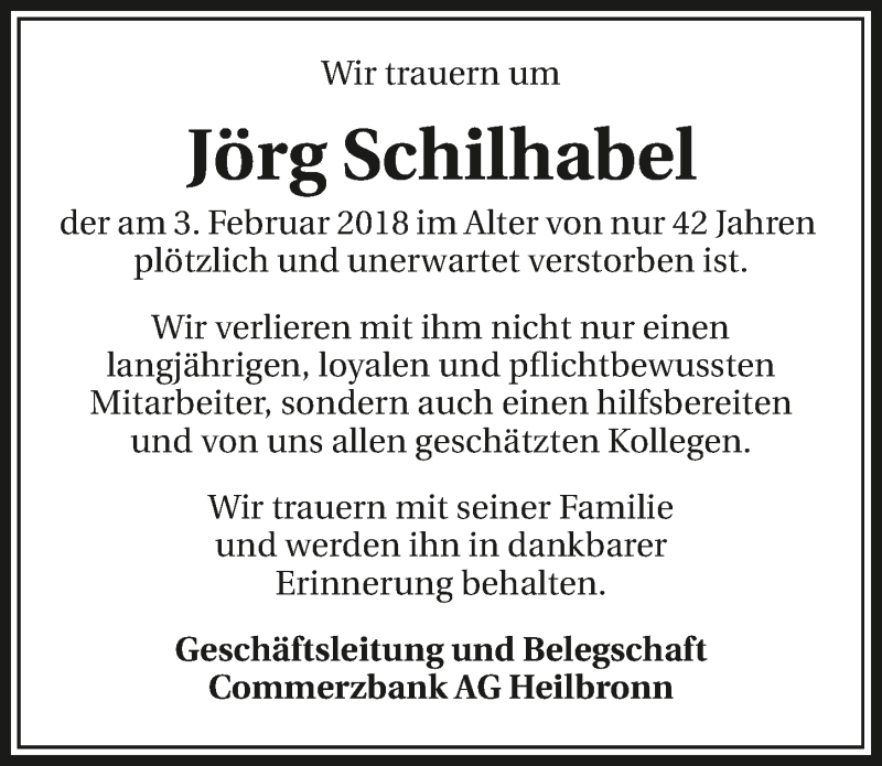  Traueranzeige für Jörg Schilhabel vom 14.02.2018 aus 