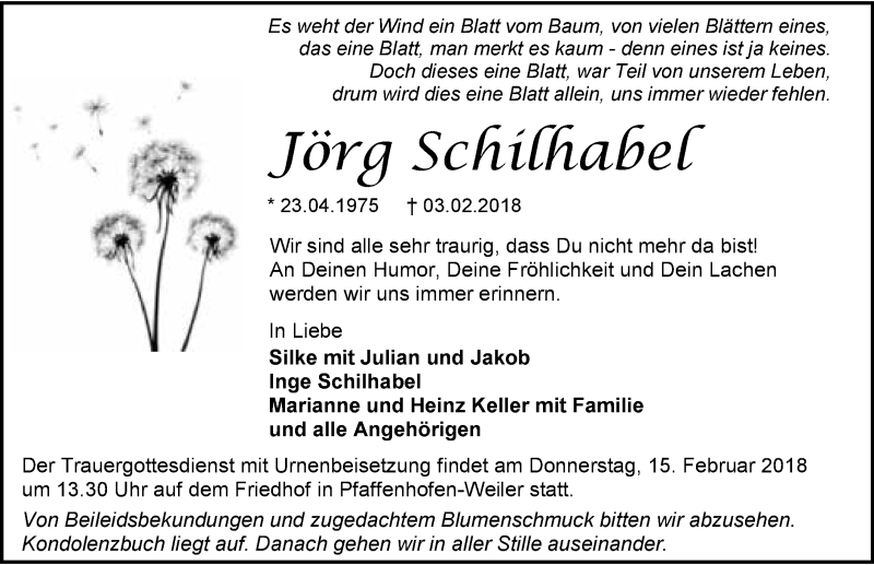  Traueranzeige für Jörg Schilhabel vom 10.02.2018 aus 