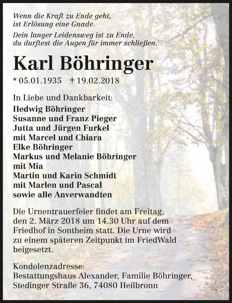  Traueranzeige für Karl Böhringer vom 27.02.2018 aus 