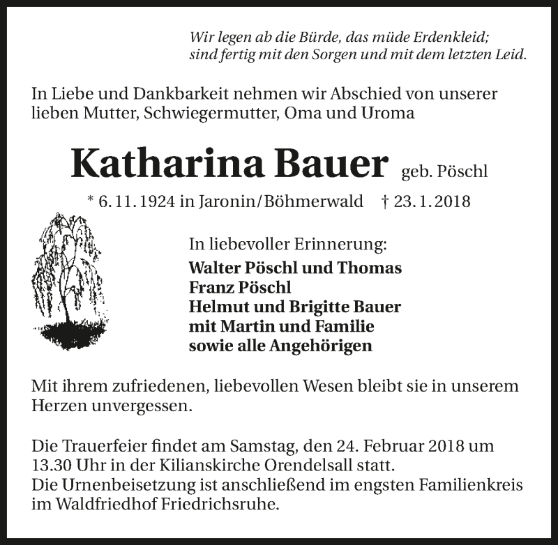  Traueranzeige für Katharina Bauer vom 21.02.2018 aus 