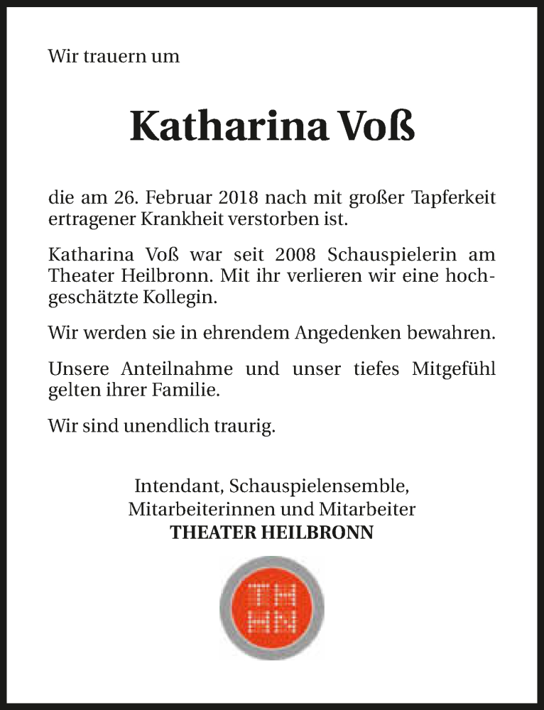  Traueranzeige für Katharina Voß vom 28.02.2018 aus 