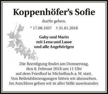 Traueranzeige von Koppenhöfer’s Sofie 