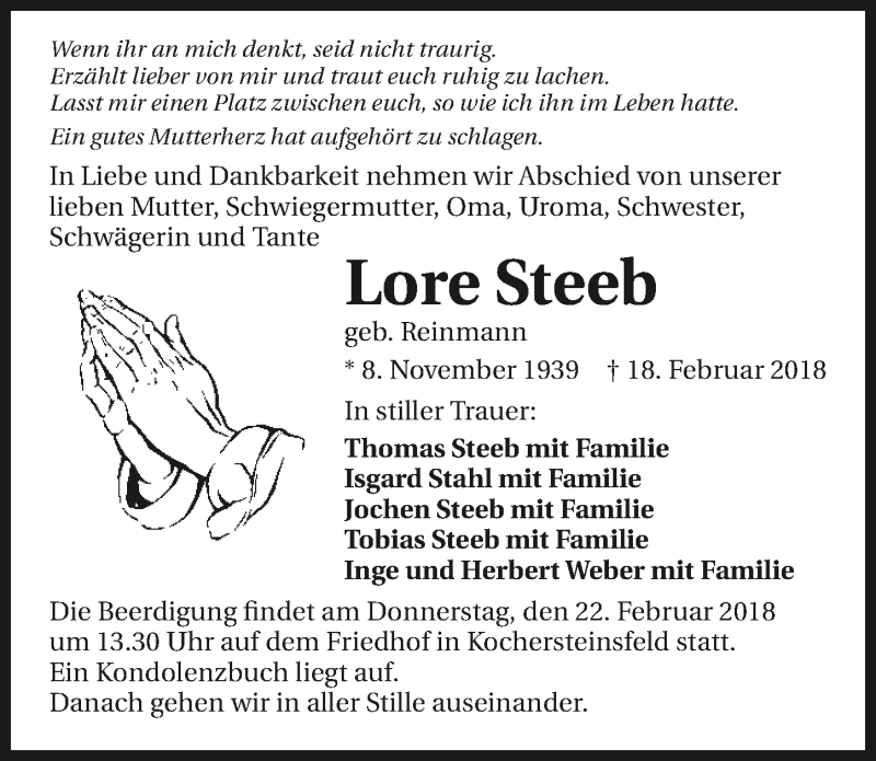  Traueranzeige für Lore Steeb vom 20.02.2018 aus 