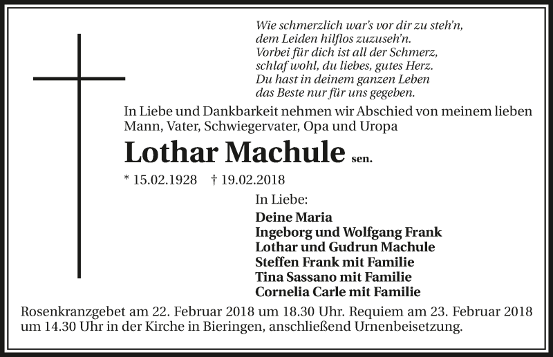  Traueranzeige für Lothar Machule vom 21.02.2018 aus 