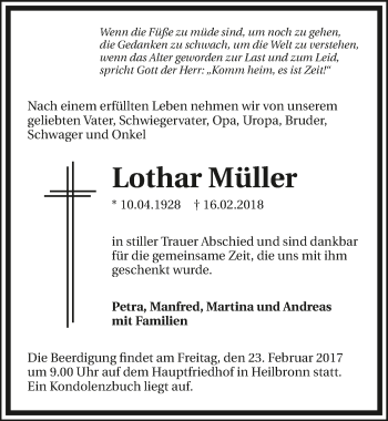 Traueranzeige von Lothar Müller 