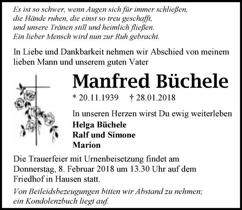 Traueranzeige für Manfred Büchele vom 01.02.2018 aus 