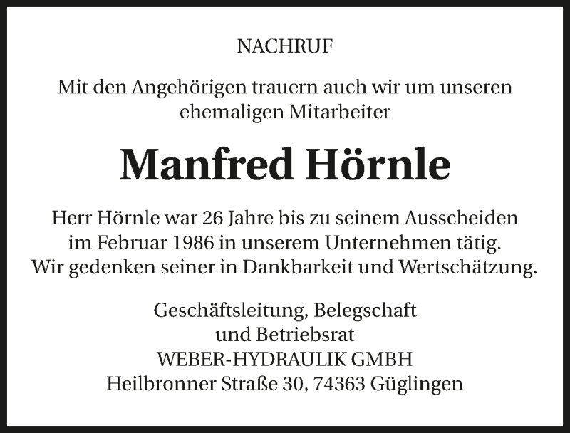  Traueranzeige für Manfred Hörnle vom 07.02.2018 aus 