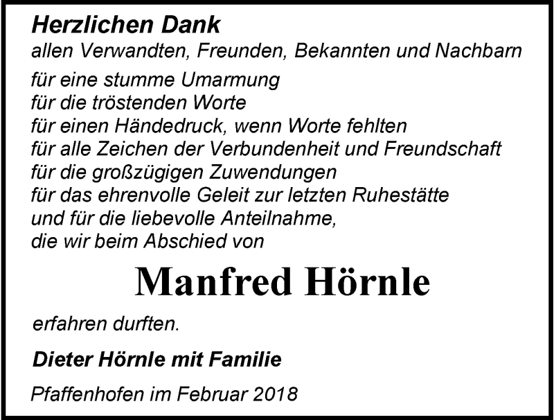  Traueranzeige für Manfred Hörnle vom 17.02.2018 aus 