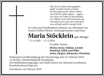 Traueranzeige von Maria Stöcklein 