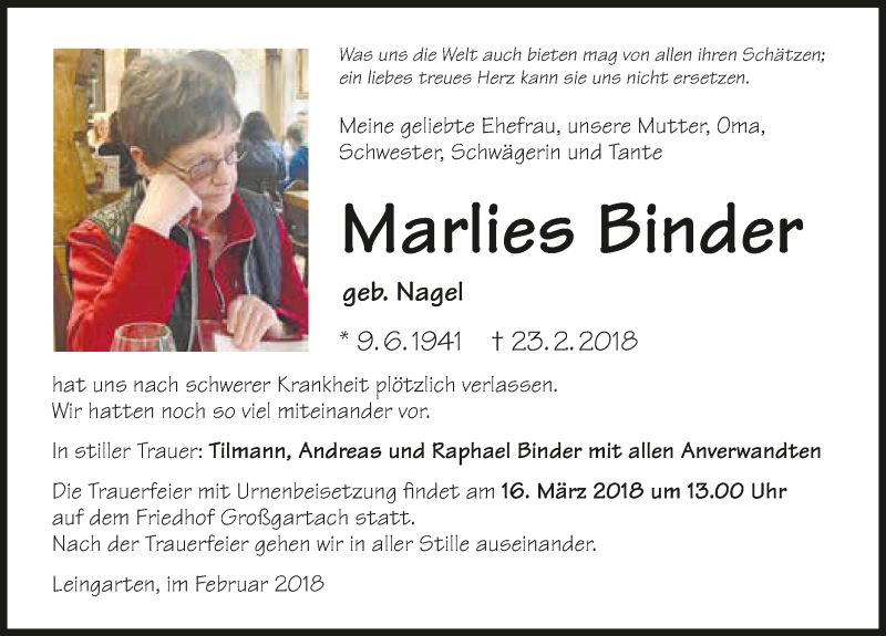  Traueranzeige für Marlies Binder vom 28.02.2018 aus 