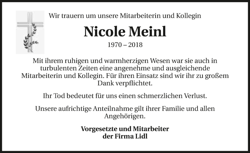  Traueranzeige für Nicole Meinl vom 20.02.2018 aus 