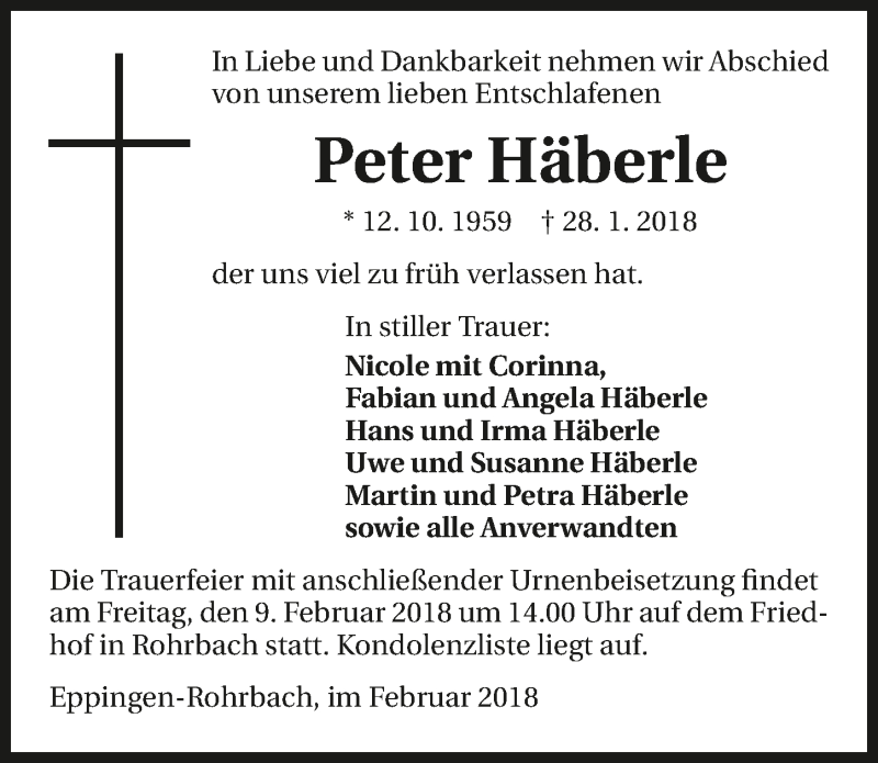  Traueranzeige für Peter Häberle vom 06.02.2018 aus 