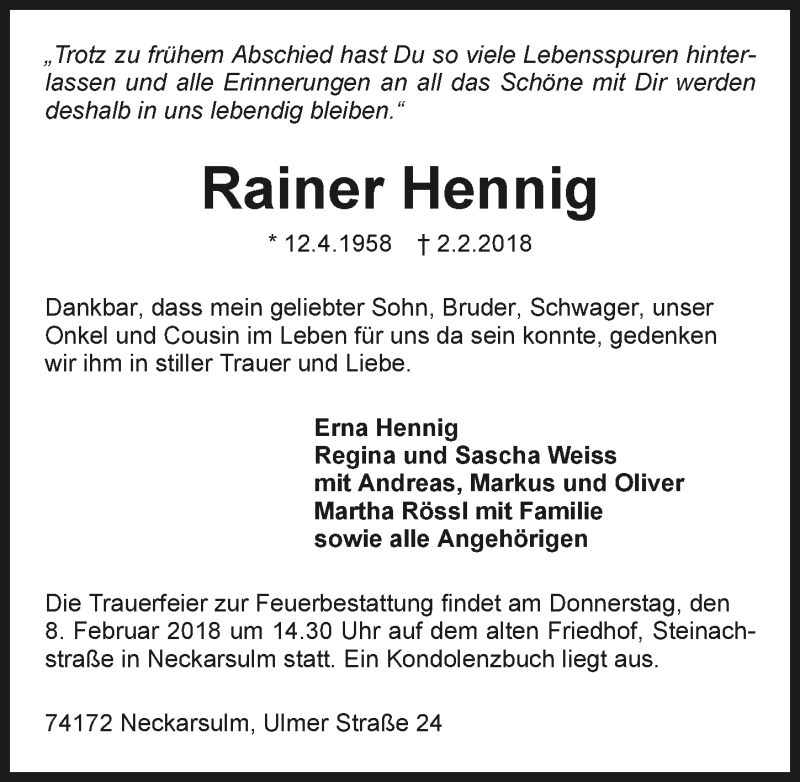  Traueranzeige für Rainer Hennig vom 05.02.2018 aus 