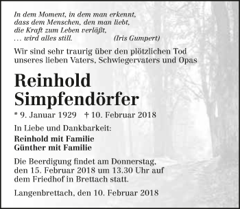 Traueranzeige von Reinhold Simpfendörfer