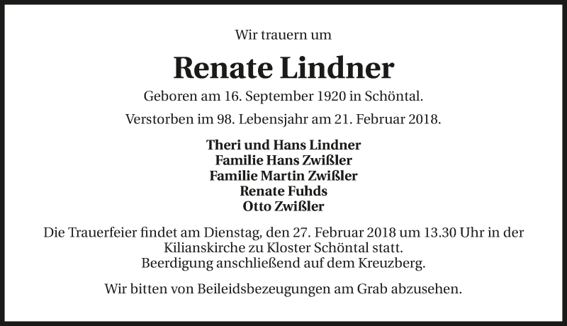  Traueranzeige für Renate Lindner vom 24.02.2018 aus 