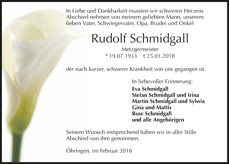  Traueranzeige für Rudolf Schmidgall vom 09.02.2018 aus 
