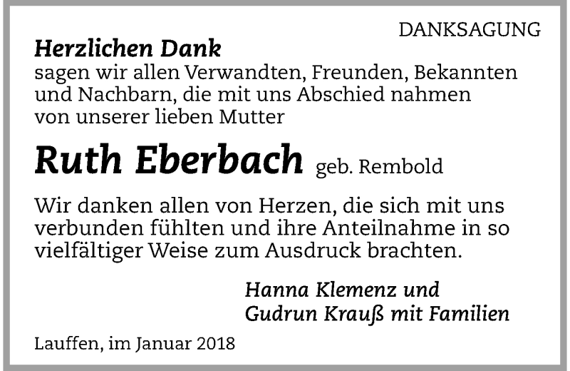  Traueranzeige für Ruth Eberbach vom 07.02.2018 aus 