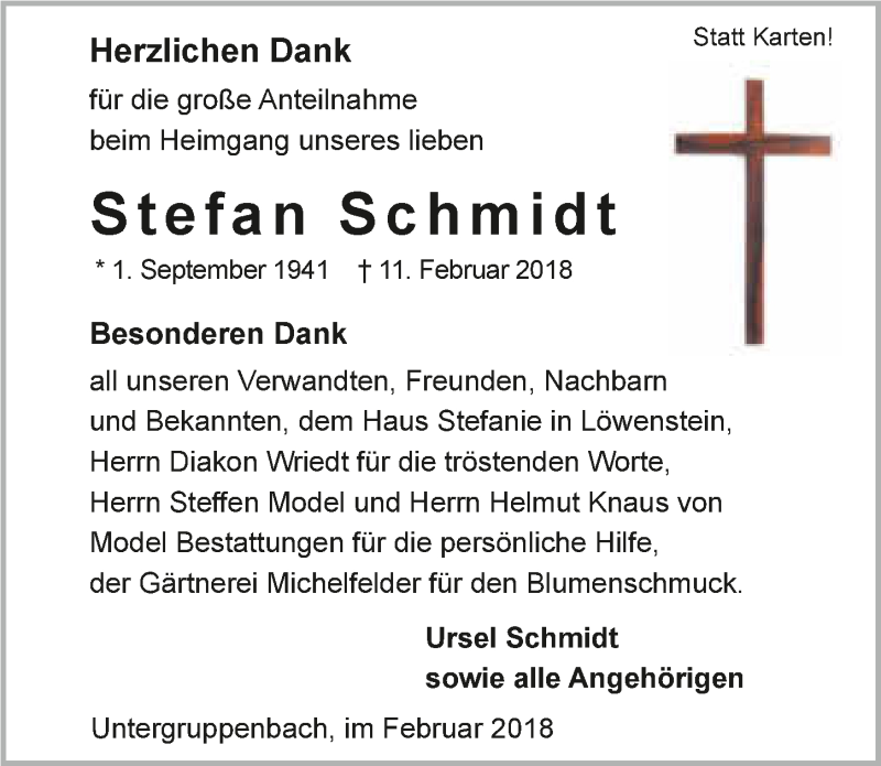  Traueranzeige für Stefan Schmidt vom 28.02.2018 aus 