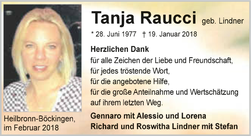  Traueranzeige für Tanja Raucci vom 10.02.2018 aus 