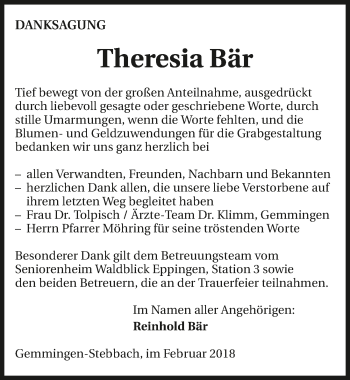 Traueranzeige von Theresia Bär 