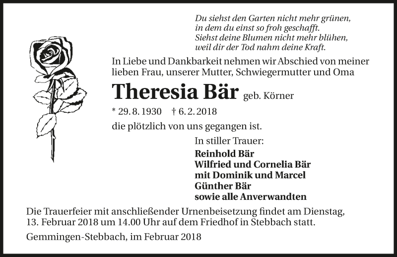  Traueranzeige für Theresia Bär vom 09.02.2018 aus 