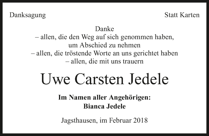  Traueranzeige für Uwe Carsten Jedele vom 17.02.2018 aus 