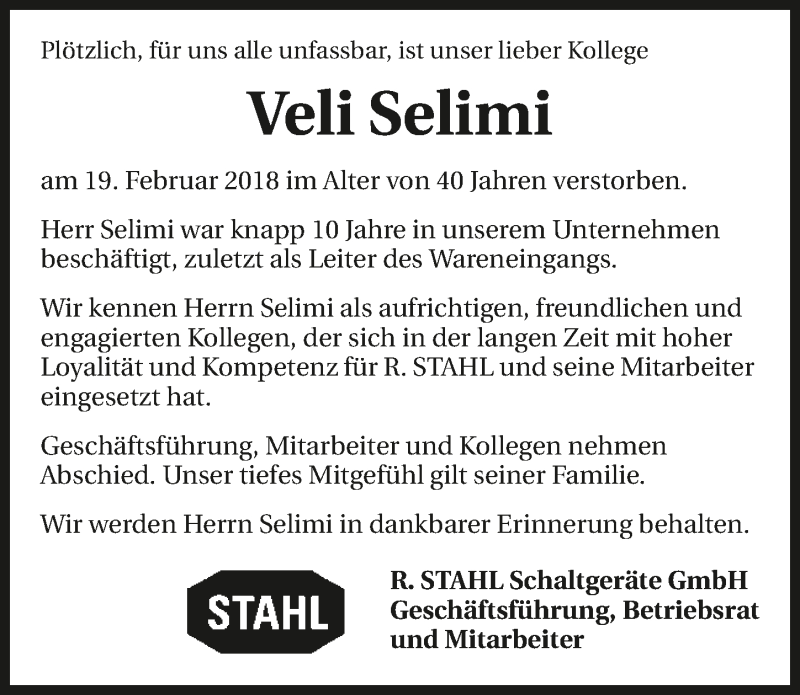  Traueranzeige für Veli Selimi vom 24.02.2018 aus 
