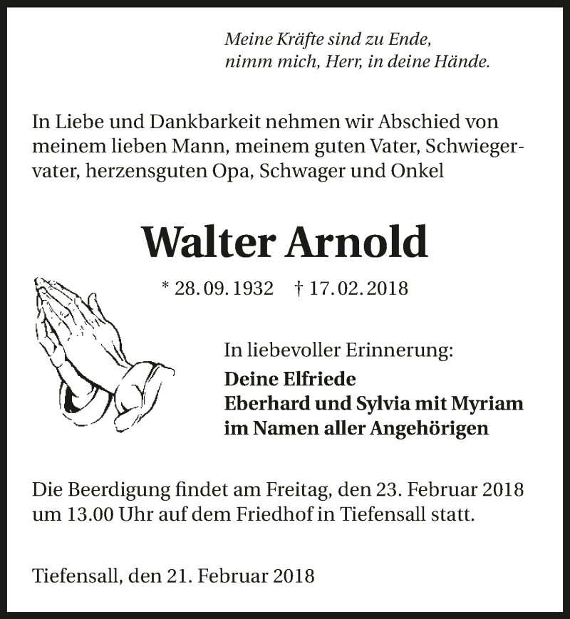  Traueranzeige für Walter Arnold vom 21.02.2018 aus 