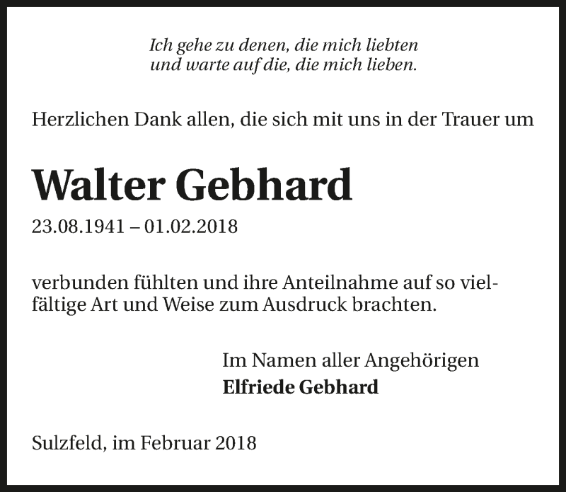  Traueranzeige für Walter Gebhard vom 24.02.2018 aus 