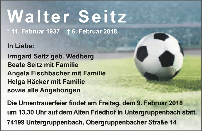  Traueranzeige für Walter Seitz vom 08.02.2018 aus 