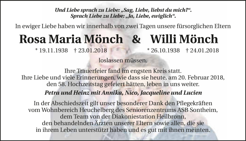  Traueranzeige für Willi und Rosa Maria Mönch vom 20.02.2018 aus 