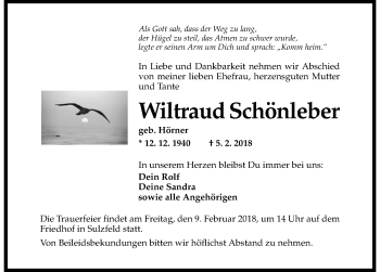Traueranzeige von Wiltraud Schönleber 