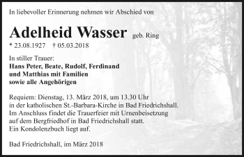 Traueranzeige von Adelheid Wasser 