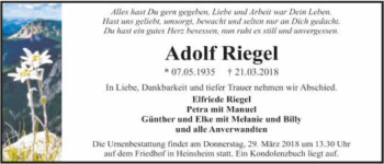 Traueranzeige von Adolf Riegel 