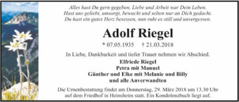  Traueranzeige für Adolf Riegel vom 24.03.2018 aus 