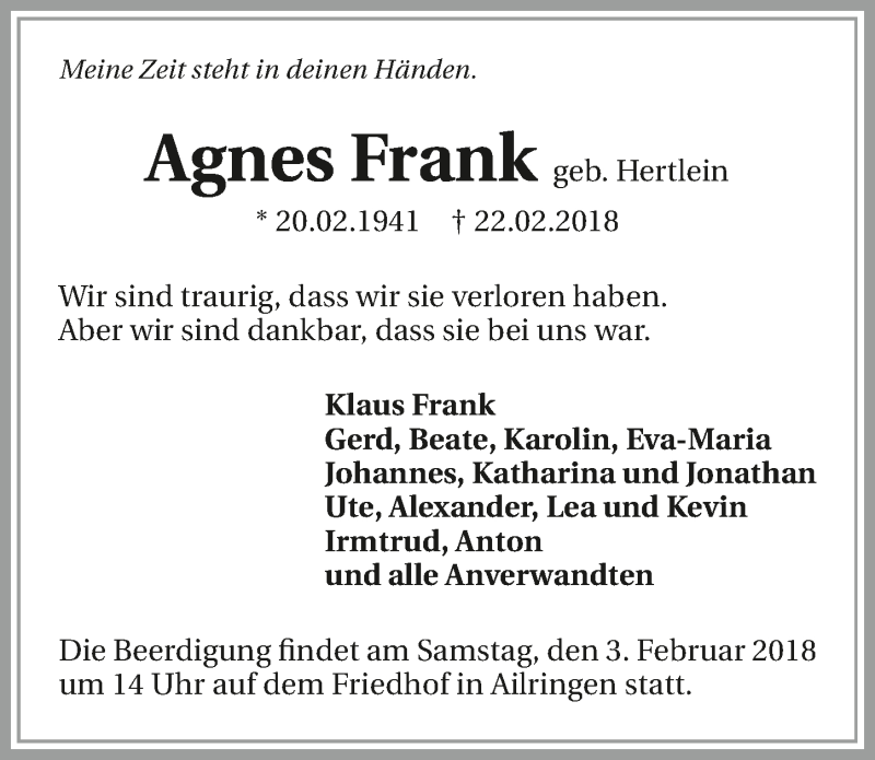  Traueranzeige für Agnes Frank vom 02.03.2018 aus 