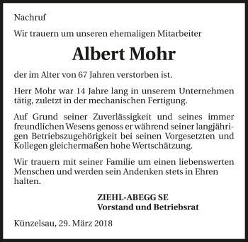 Traueranzeige von Albert Mohr 