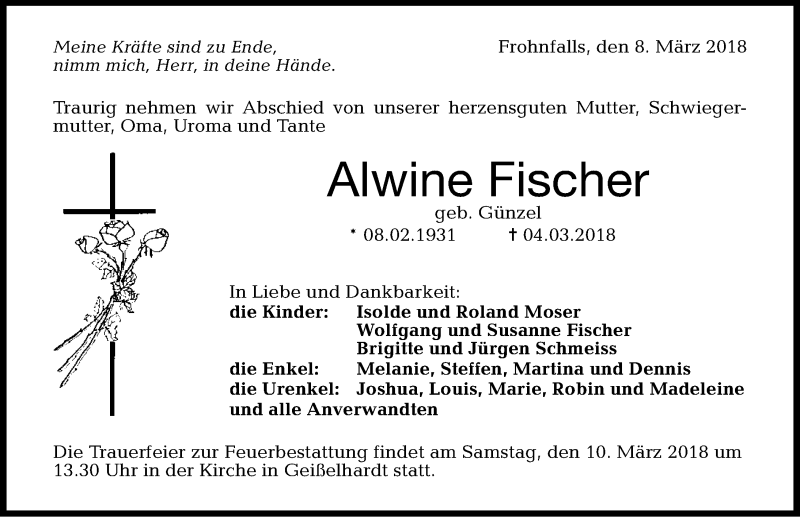  Traueranzeige für Alwine Fischer vom 08.03.2018 aus 
