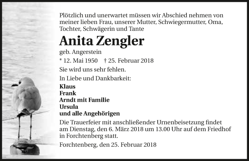  Traueranzeige für Anita Zengler vom 03.03.2018 aus 