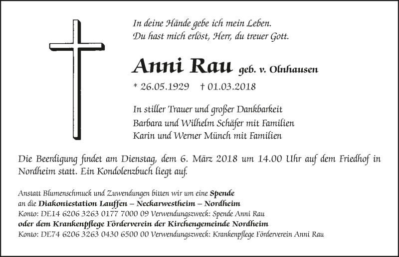  Traueranzeige für Anni Rau vom 03.03.2018 aus 