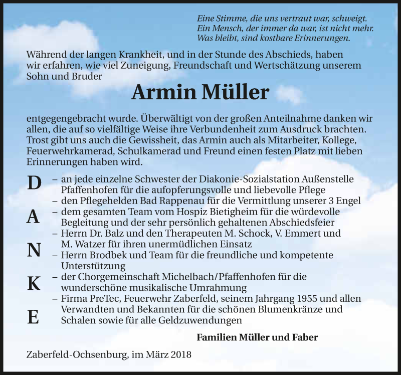  Traueranzeige für Armin Müller vom 12.03.2018 aus 