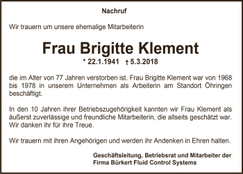 Traueranzeige von Brigitte Klement 