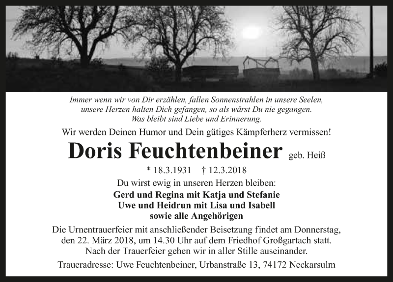  Traueranzeige für Doris Feuchtenbeiner vom 17.03.2018 aus 