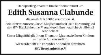 Traueranzeige von Edith Susanna Clabunde 