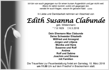 Traueranzeige von Edith Susanna Clabunde 